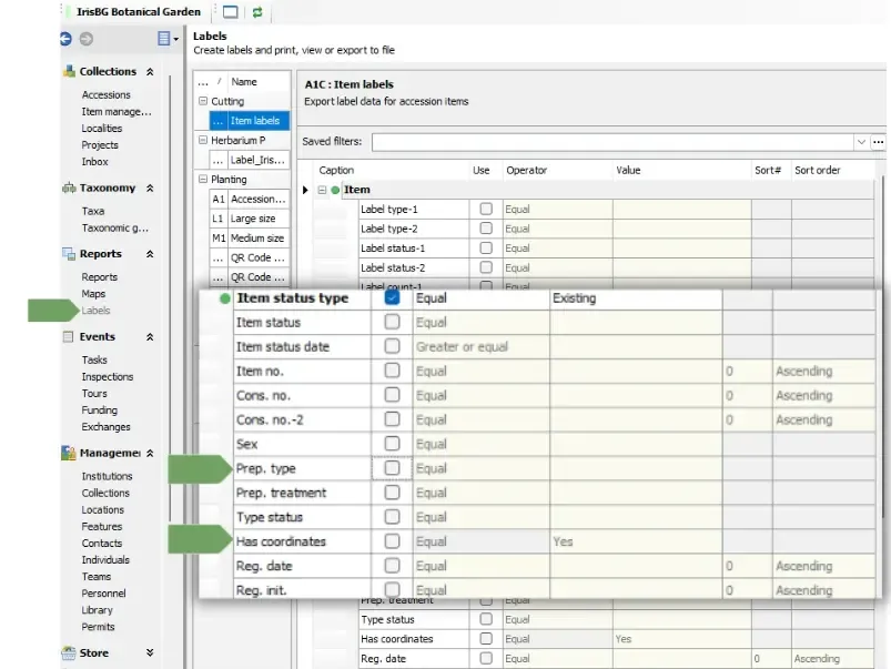 Labels Prep type and Has coordinates added as selection criteria
