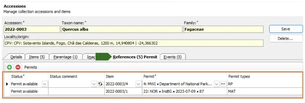 Accession > References screen now properly displays multiple permits related to a single accession.