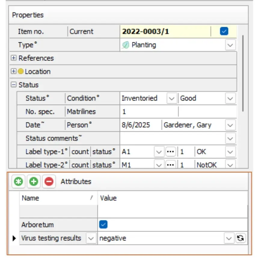 Accession item screen, displaying two item custom attributes