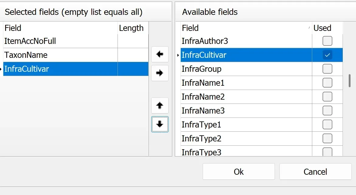 Field selection window in the Label types screen.