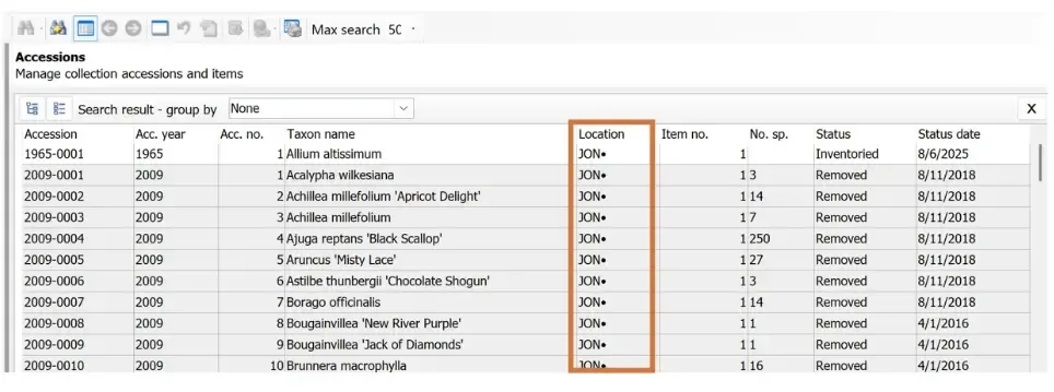Accessions screen search grid