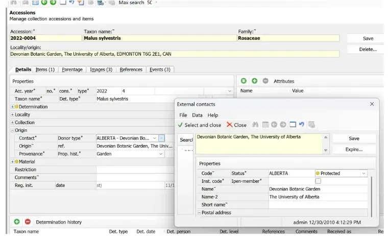 Collections > Accessions Details screen