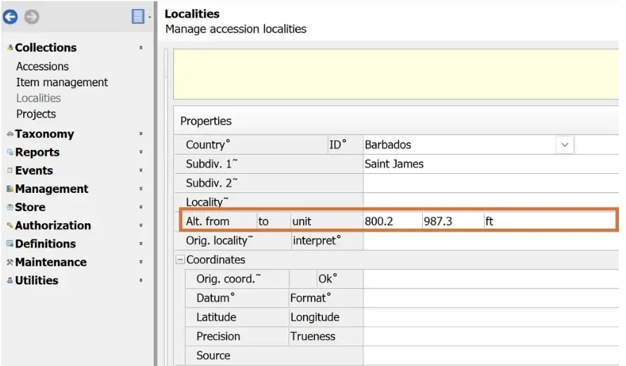 Collections > Localities screen