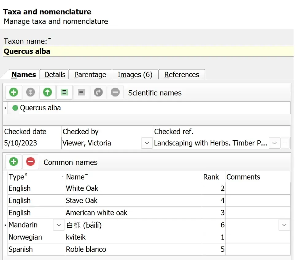 Taxonomy > Taxa Names screen