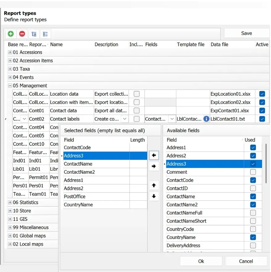 Definitions > Report types screen