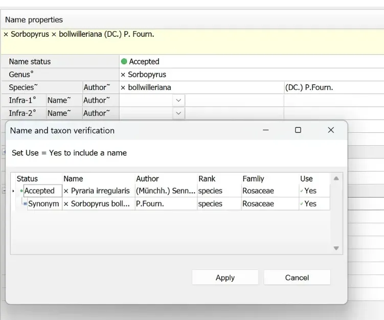 Taxonomy > Taxon Names screen