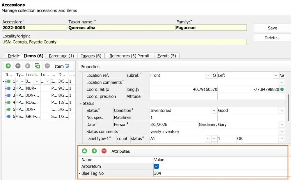 Accession Items screen displaying Item Custom Attributes