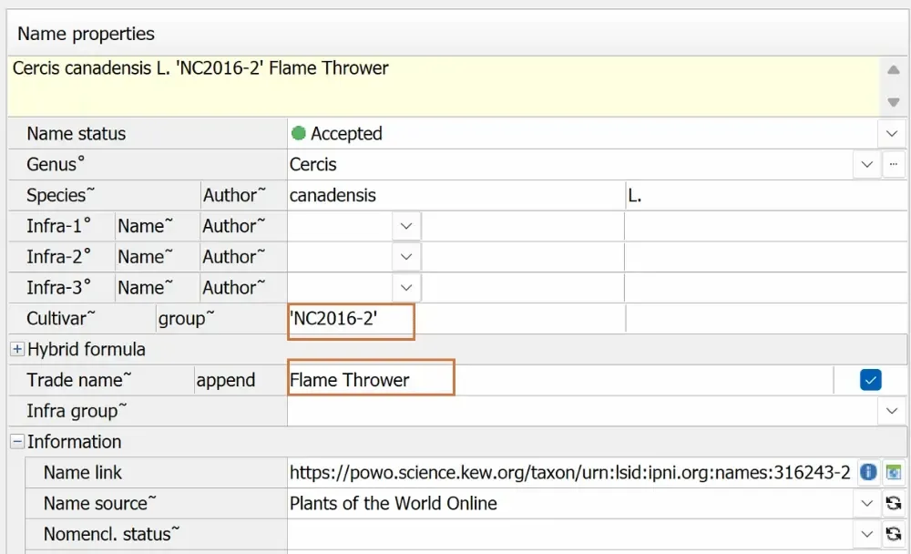 Taxon Name screen displaying a Cultivar and Trade name.