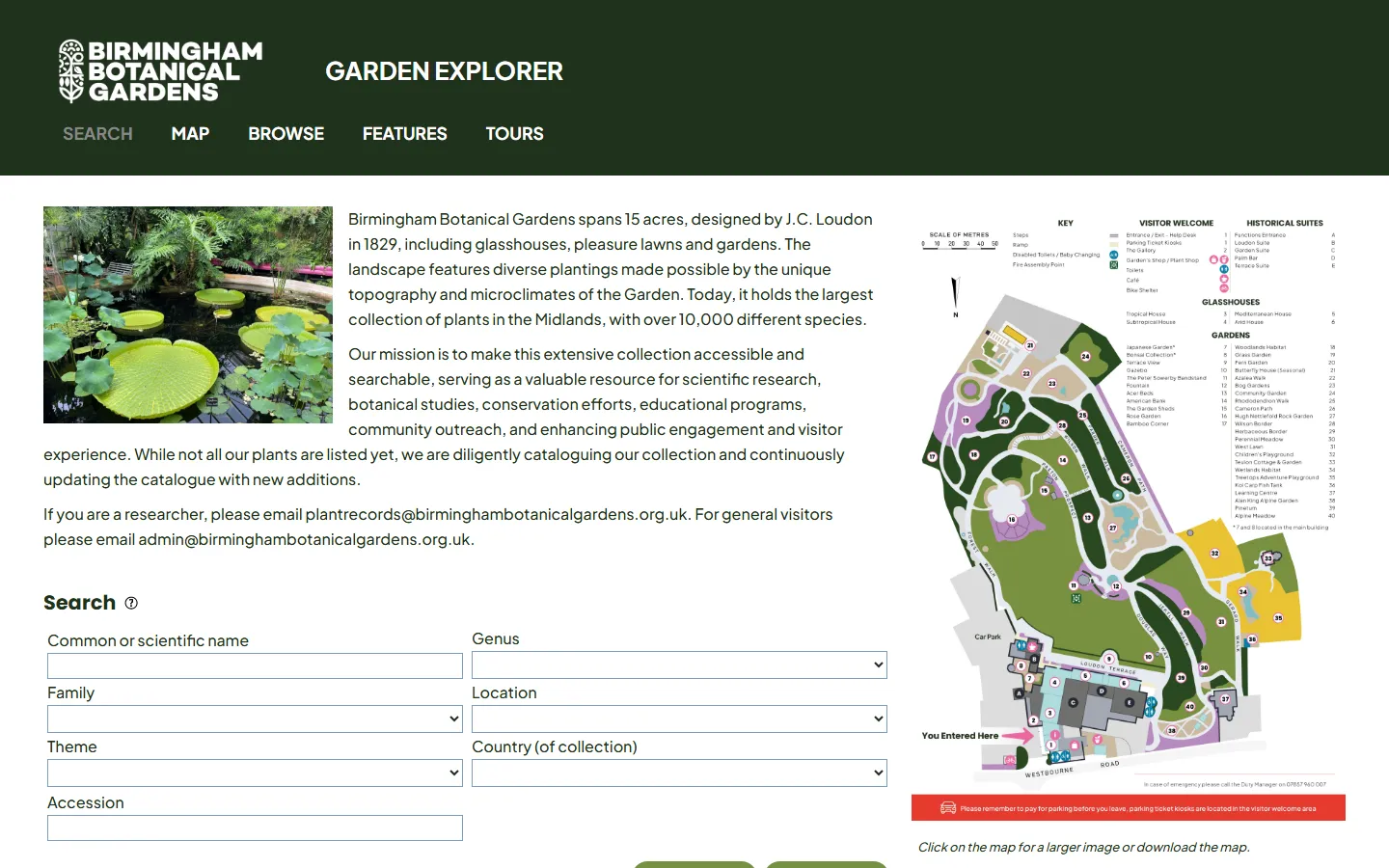 Birmingham Botanical Gardens' Garden Explorer home page, with a water-lily pond photograph beside a detailed illustrated site map