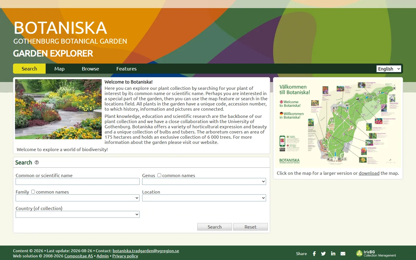 Botaniska (Gothenburg Botanical Garden)'s Garden Explorer home page, with a bold geometric header, a flower-bed photograph and an illustrated garden map