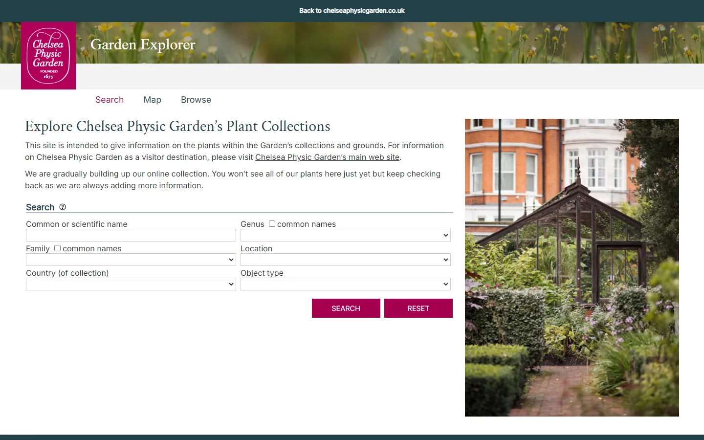 Chelsea Physic Garden's Garden Explorer home page, in the garden's pink branding, beside a photograph of its Victorian glasshouse