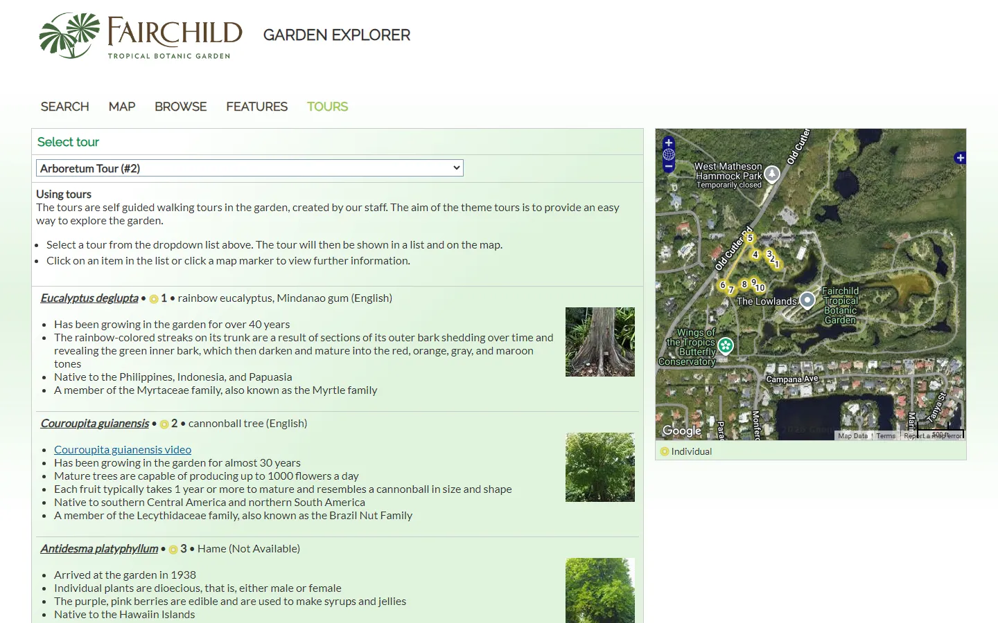Fairchild Tropical Botanic Garden's Garden Explorer tours page, showing the Arboretum Tour selected with numbered map pins and a list of tour stops with photos and facts about each tree