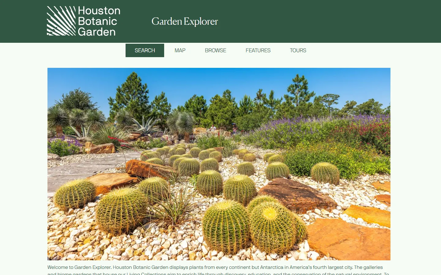 Houston Botanic Garden's Garden Explorer home page, with a photograph of its desert garden's cacti and blooming perennials