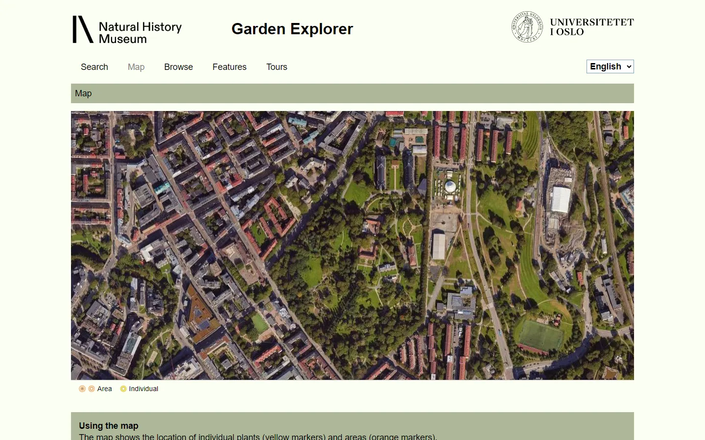 The Natural History Museum in Oslo's Garden Explorer map page, a satellite view of the botanical garden set among the city's streets and buildings