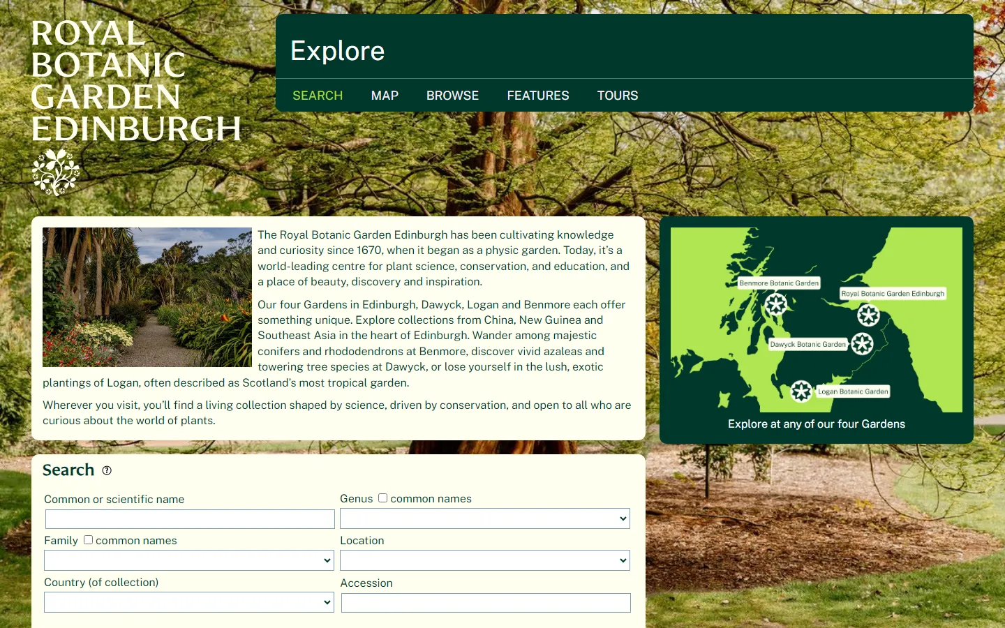 Royal Botanic Garden Edinburgh's Garden Explorer home page, with full-bleed forest photography and a custom illustrated map of its four garden sites