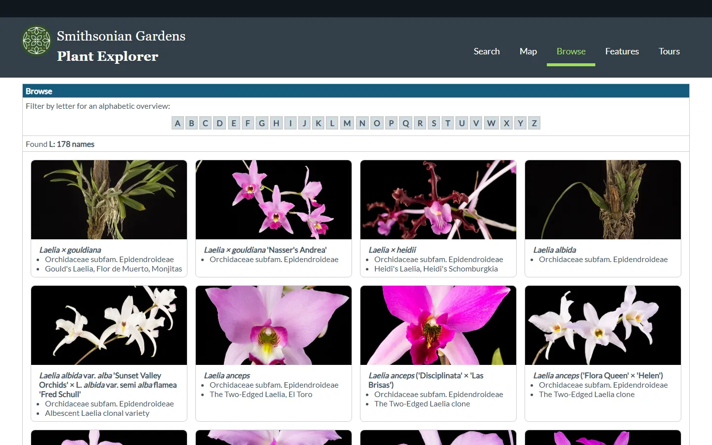 Smithsonian Gardens' Garden Explorer browse page, an alphabetical grid of plant photos and names including several vivid pink and white Laelia orchids