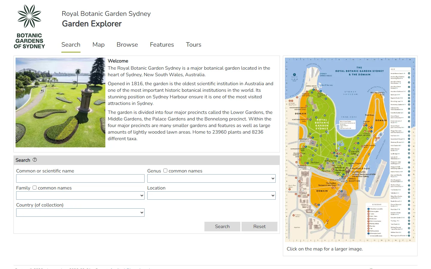 Royal Botanic Garden Sydney's Garden Explorer home page, with a harbourside lawn photograph beside a colour-coded map of the garden's precincts