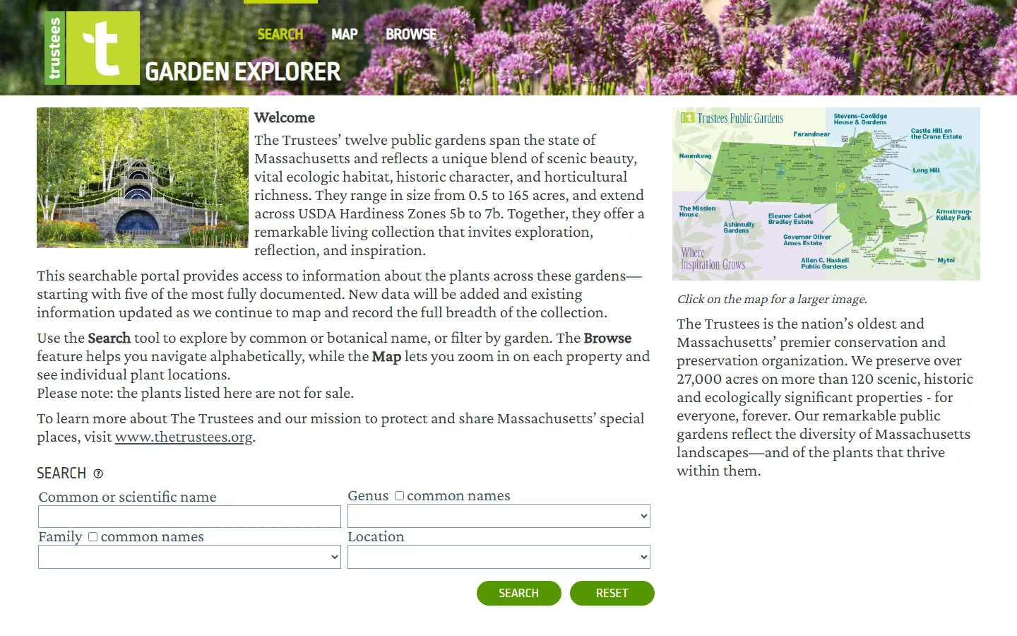 The Trustees of Reservations’ Garden Explorer home page, with flowering-allium banner photography and an illustrated map of its Massachusetts gardens