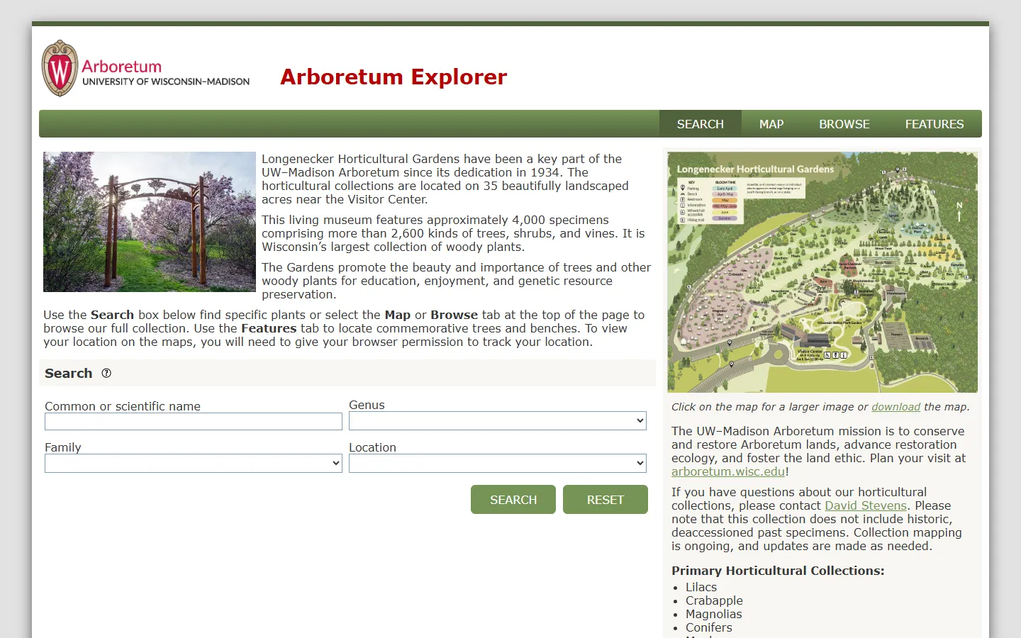University of Wisconsin–Madison Arboretum’s Garden Explorer home page, with a cherry-blossom archway photograph beside an illustrated map of the Longenecker Horticultural Gardens
