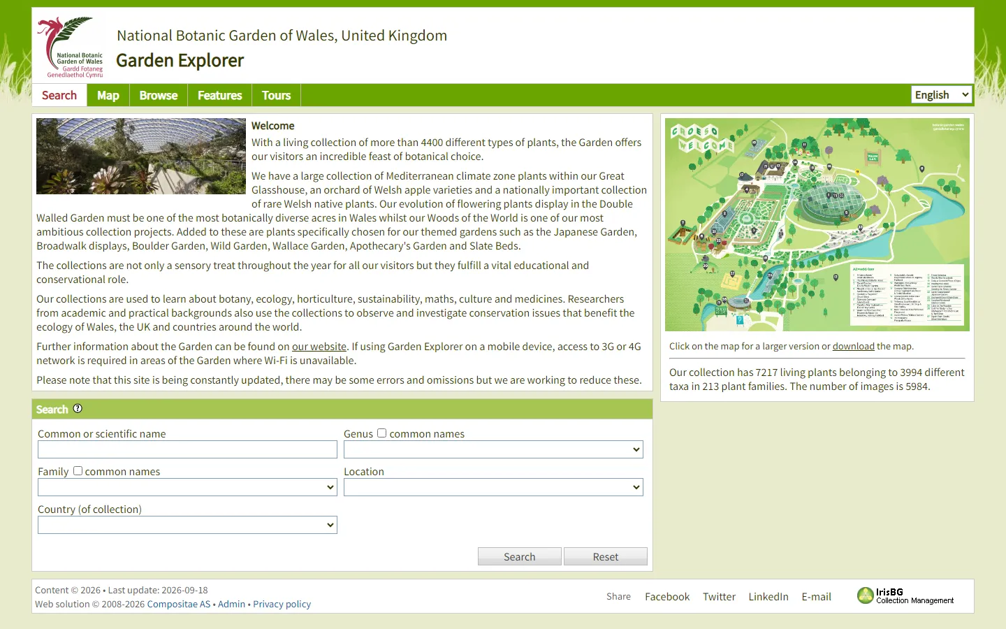 National Botanic Garden of Wales's Garden Explorer home page, with an illustrated Croeso welcome map and glasshouse photography