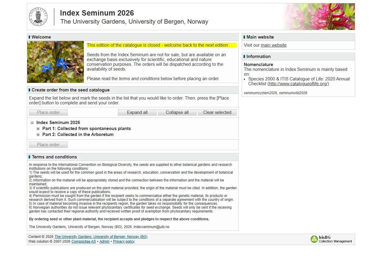 The Arboretum and Botanical Garden, University of Bergen seed list page