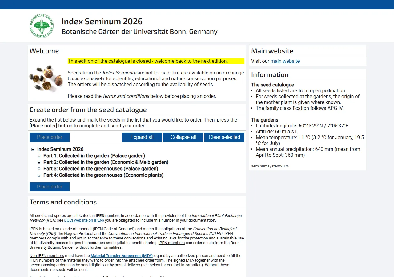 Bonn University Botanic Garden seed list page
