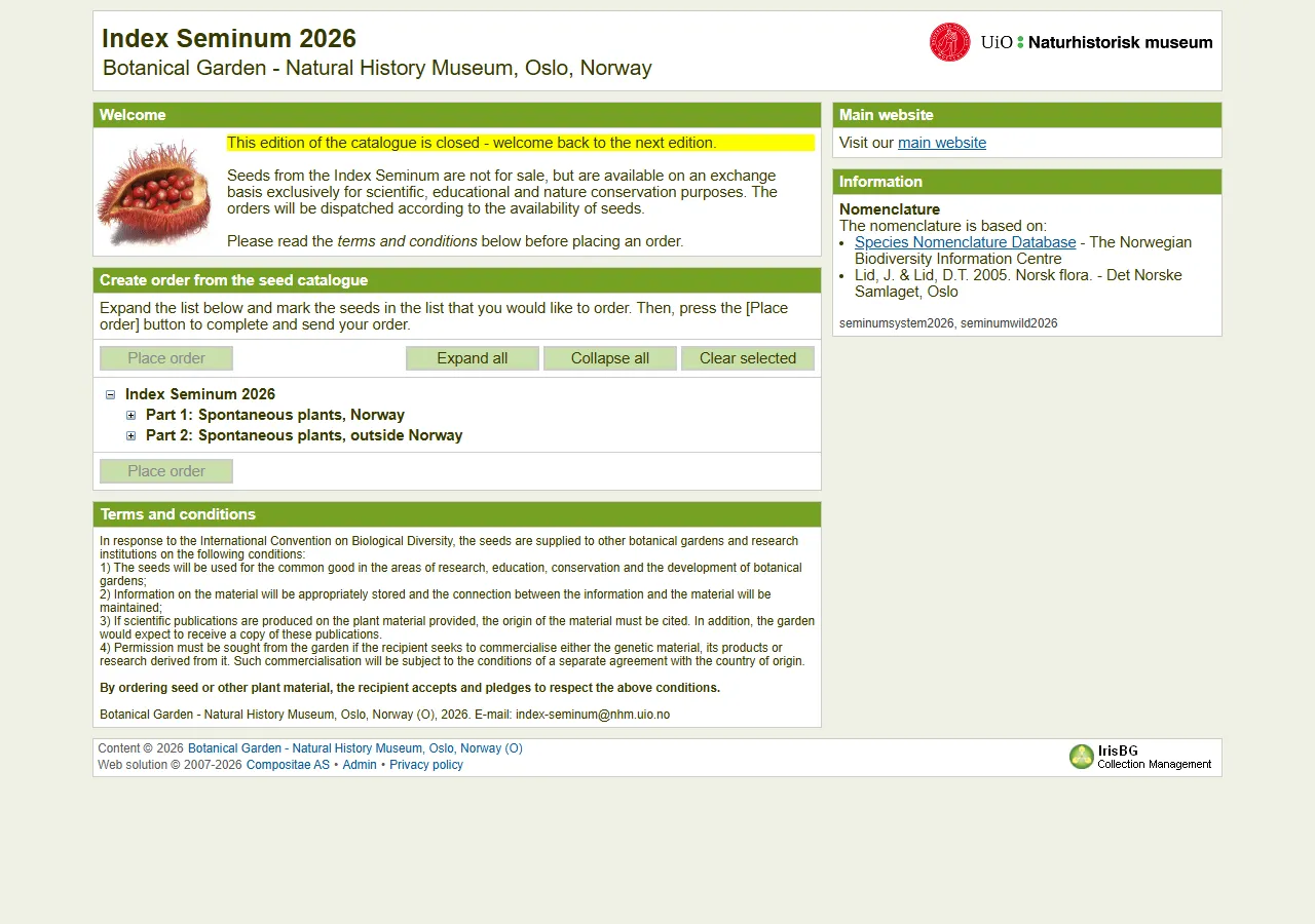 Botanical Garden, University of Oslo seed list page