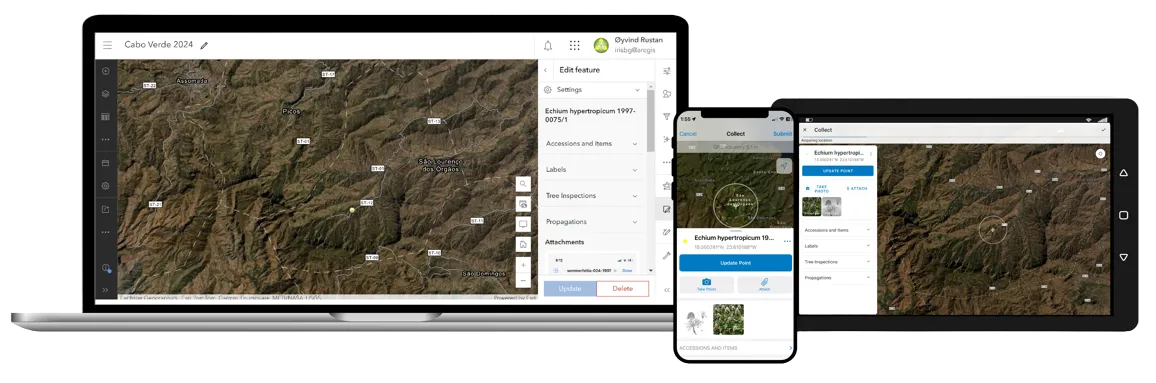 ArcGIS Online on a laptop alongside ArcGIS Field Maps on a phone and a tablet, each showing an IrisBG accession record on a satellite basemap.