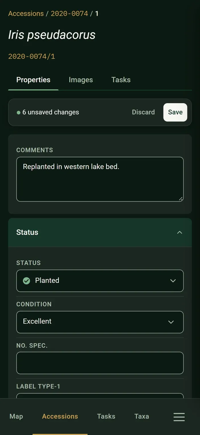 IrisBG Lite on a phone: the edit form for an accession, with status, condition and label fields, an unsaved-changes bar with Save and Discard, and a bottom navigation bar.